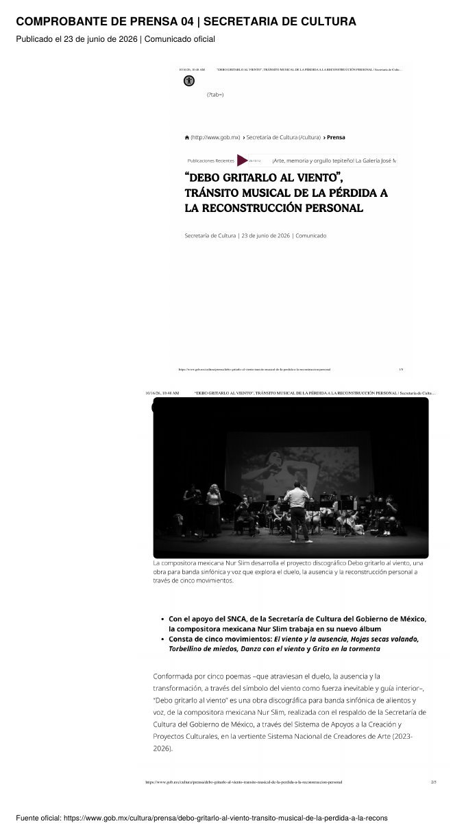 Secretaría de Cultura · Debo gritarlo al viento · June 2026