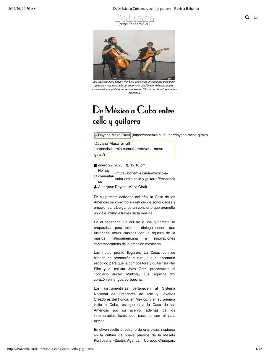 Revista Bohemia, Cuba · De México a Cuba entre cello y guitarra · January 2026