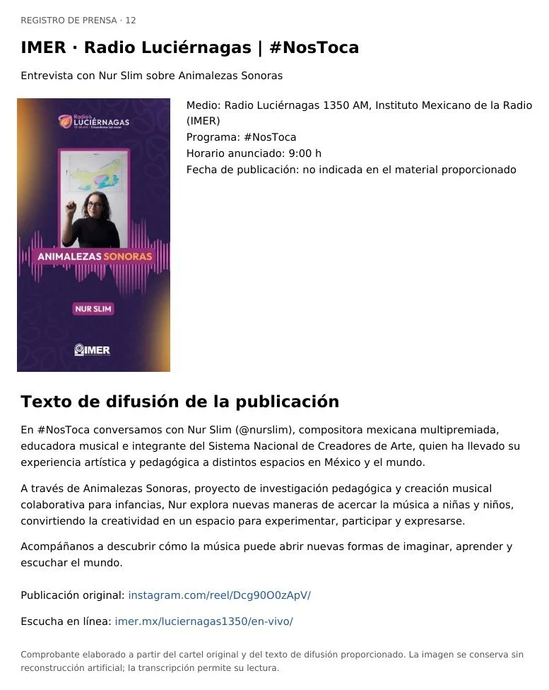 IMER · Radio Luciérnagas · #NosToca · Animalezas Sonoras