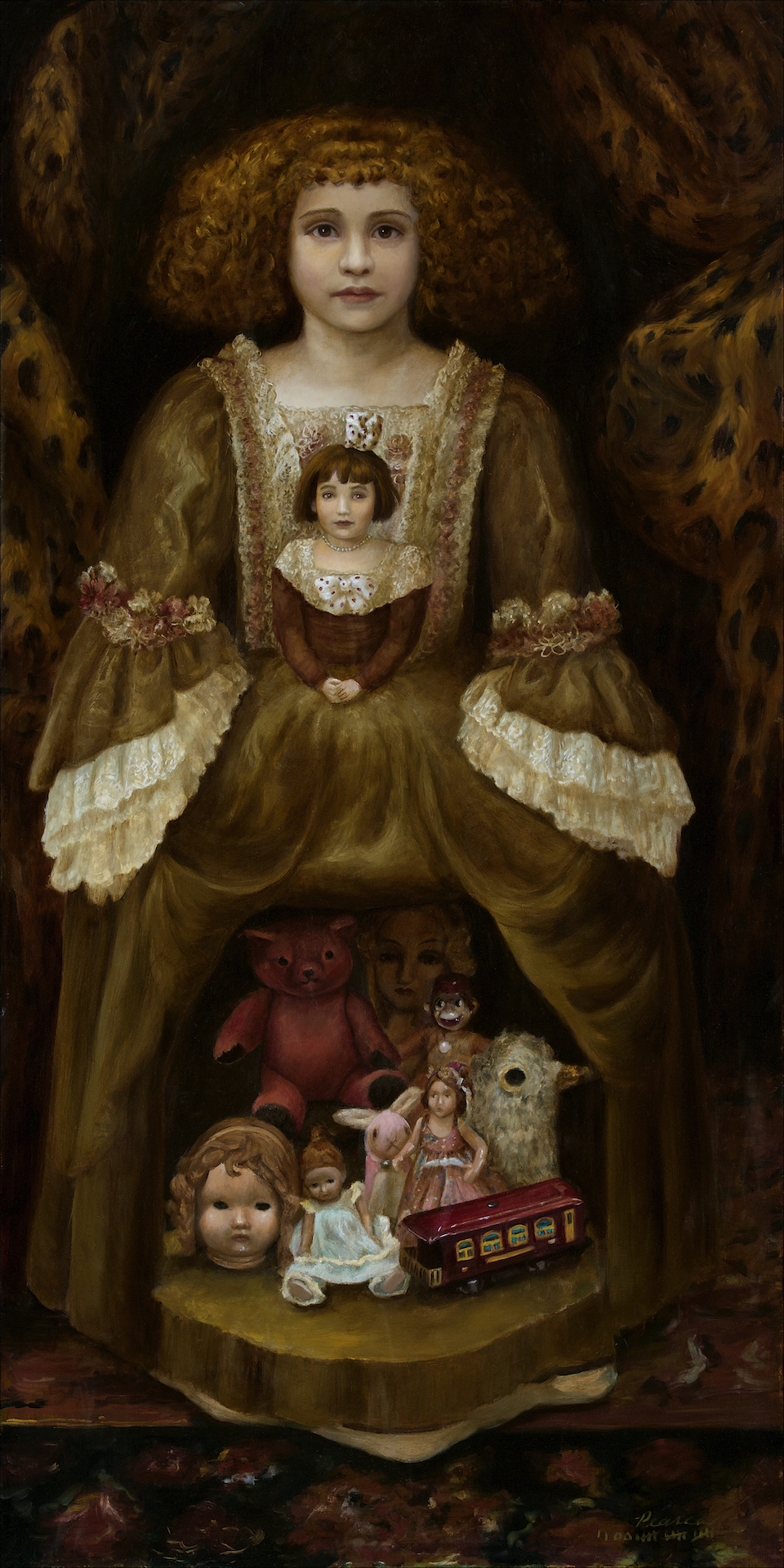 "Inner Child" 23 x 47 inches 2016 Oil Sold Penelope and Sapphire reached an agreement on their identities. One a nobody, the other, a nonconformist. One exaggerated, the other ridiculed. Chances are, hidden inside, is a longing for dirt.