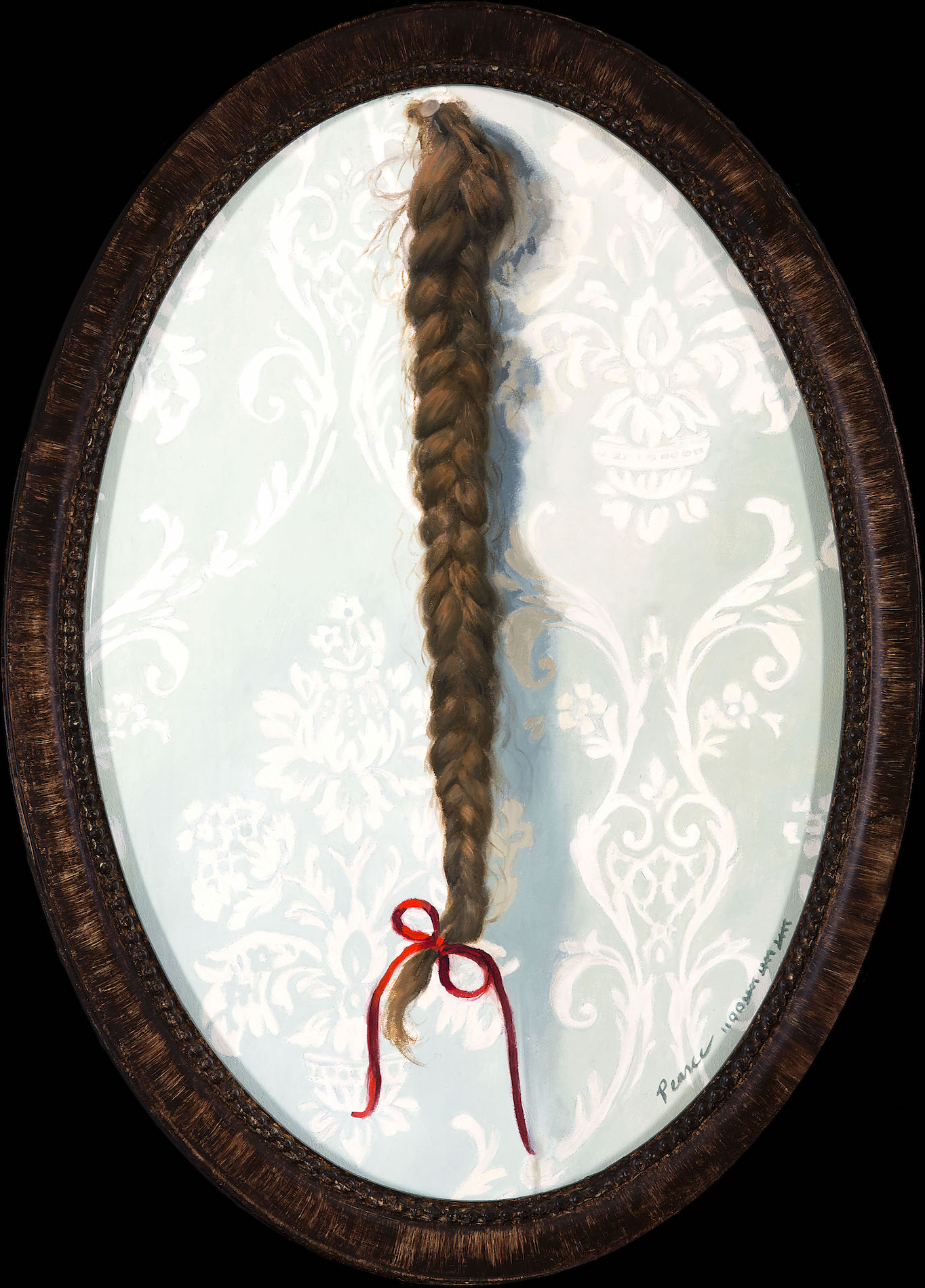 "Pin the Tale" 13 x 19 inches 2015 Oil I found this braid at a flea market. It was one dollar. Of all the things you can buy for one dollar, this is by far my greatest find. I can’t imagine giving up great grandma’s braid. I think this is one of my favorite paintings. I named it “Pin the Tale” and not pin the” tail” in order to leave room for interpretation from the viewer. What do you bring to the painting? What is your story? Did you go through chemotherapy and loose your hair? Maybe once a hippy? Did you shave you head in support of another? Did you cut your hair or your siblings? Do you feel you are identified by your hair? Hair in my paintings almost always represents thought. Hmmm.