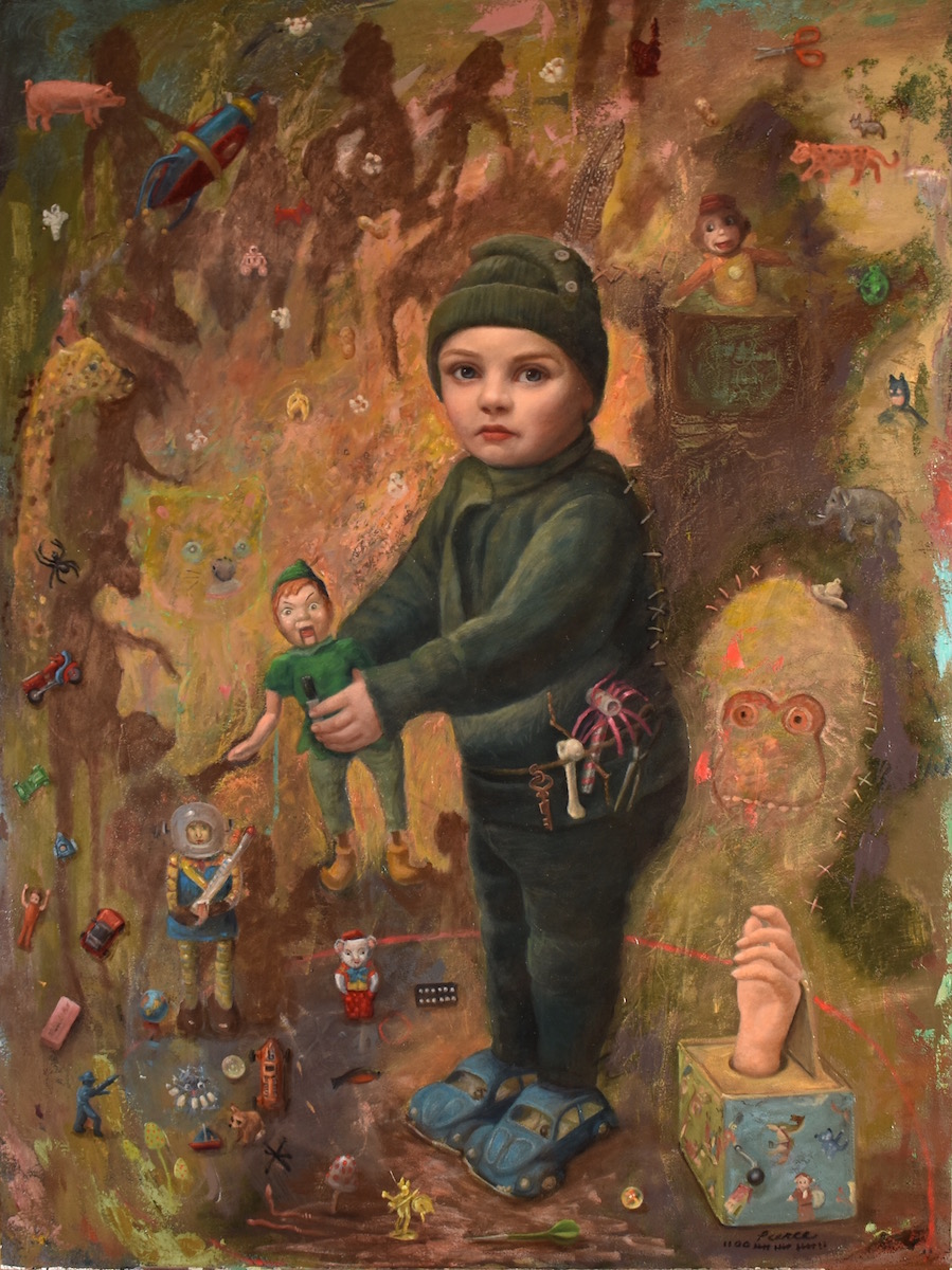 Joy Ride, Oil on Panel, 30inches x 40 inches, 2017 SOLD Joyride The spying shadows that stained the walls were sown with bits of thread. He was armed with an anti-noise maker, bones of chicken, a key to nowhere, and a needle plier for noses. Journeying about with his co-pilot, he found places he could slip through the cracks