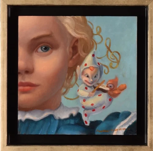 Chicken in a bread pan picken' out dough. Oil on Panel, 6 x 6 inches, 2018 SOLD