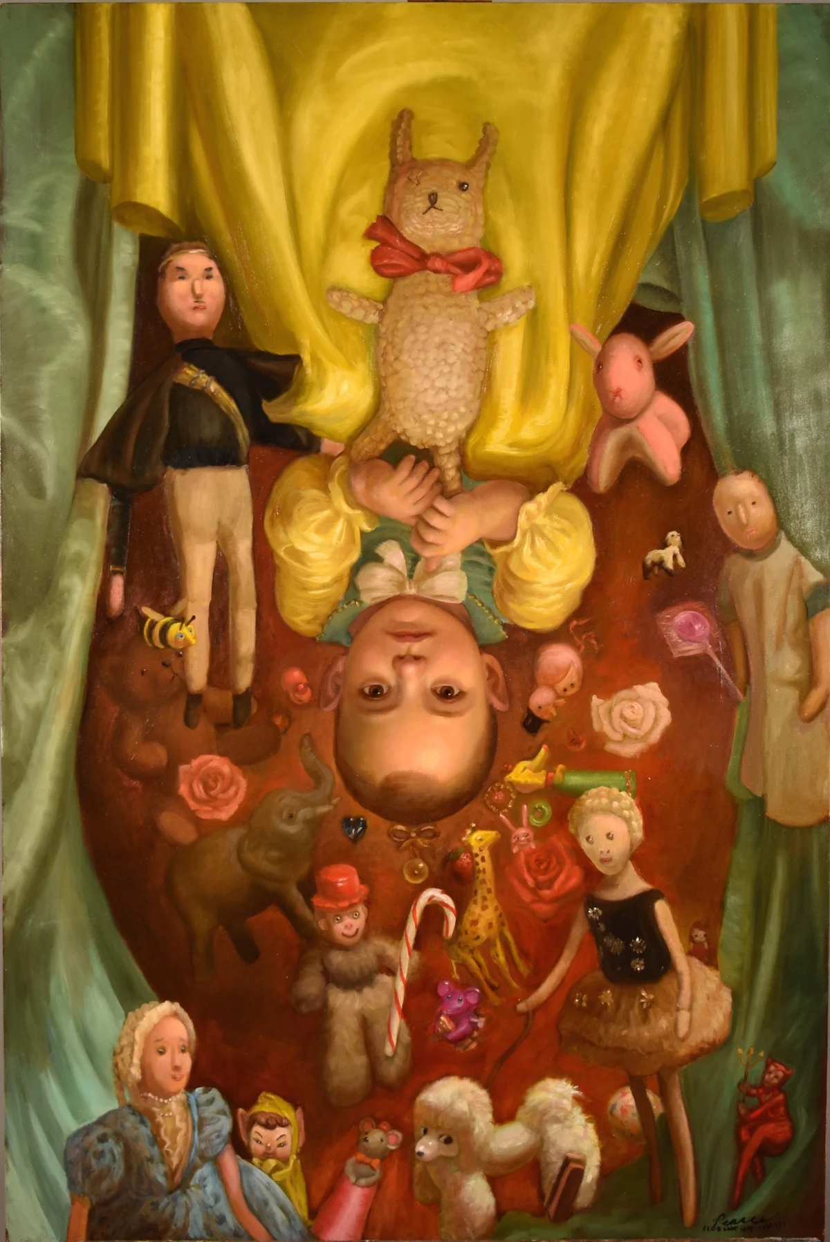 What Child is This, 24 x 36 inches, Oil on Panel, 2018, Sold “What Child is This” When the world hangs absurdly, The child hides in the light. The darkness is sent To hiss in the shadows.