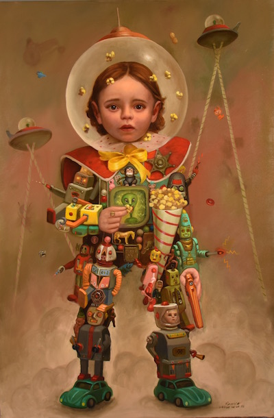 Robobo, 24 x 36 inches, Oil on Panel, 2019, Sold “Robobo” Take the kids to Readventure Land Over 59 rides and attractions will thrill fun seekers of all ages Brand new plastic show For only a nickel people ride the mile long scenic track high in the sky. Free box of popcorn to all the kids Free parking at the mall