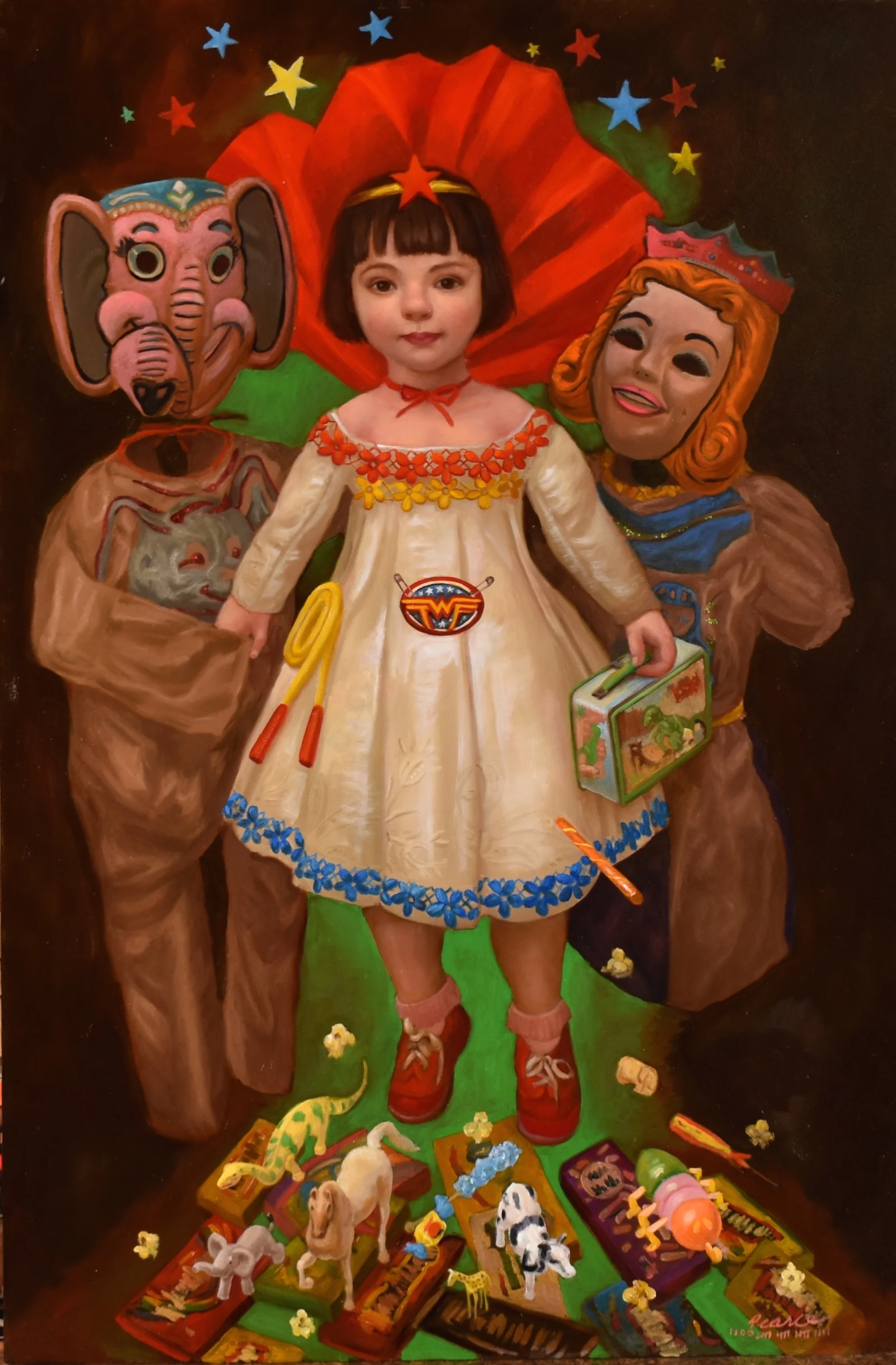 Wonderkin, 24 x 36 Oil on Panel, 2019 Available Worried with wisdom They were obligated to Take her to A better neighborhood The do-gooders, Trick and Treat Elevated and reformed her Into a nightmare