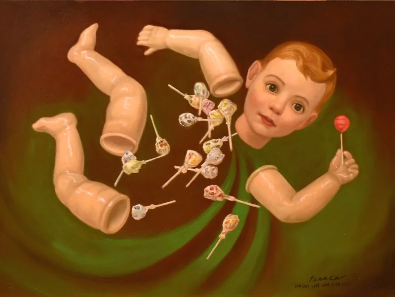 Dumb Dumb , 24 x 18 inches, Oil on Panel, 2019 Sold Underestimating his own skills, He was mesmerized by his dazzling wand. He hypnotized himself, And was forever Bent