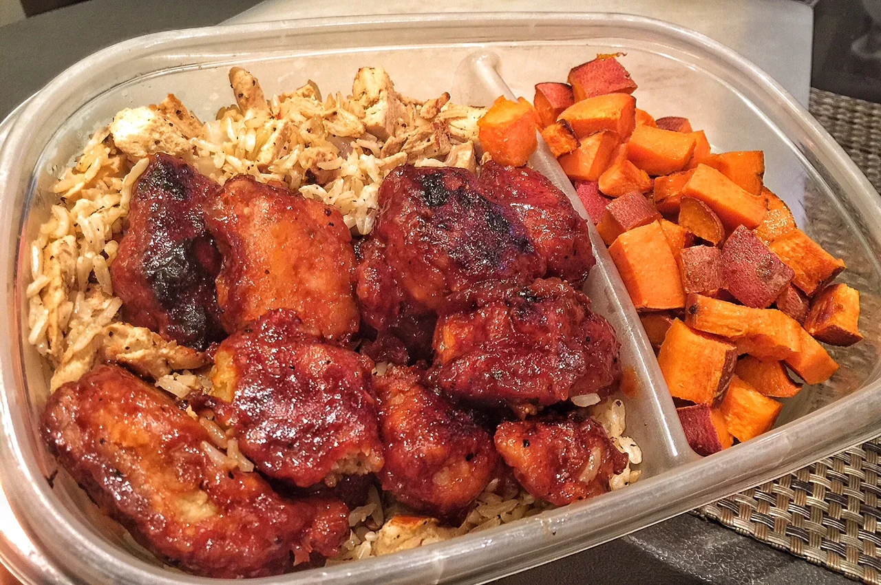 Chick'n Fried Rice with BBQ Chick'n and Yams to go!