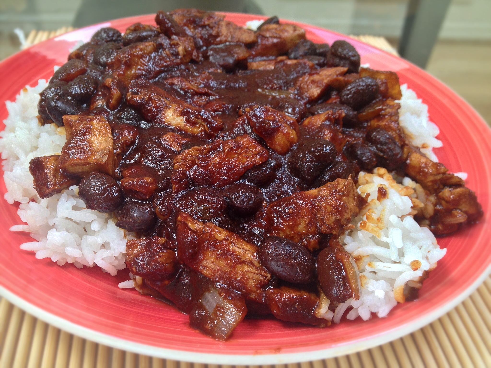 BBQ Black Beans with Chick'n & Rice