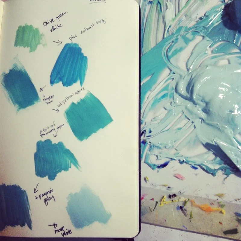 The progression of mixing just the right color for the whale's body. I'm going for a sea glass and sea weed palette! 