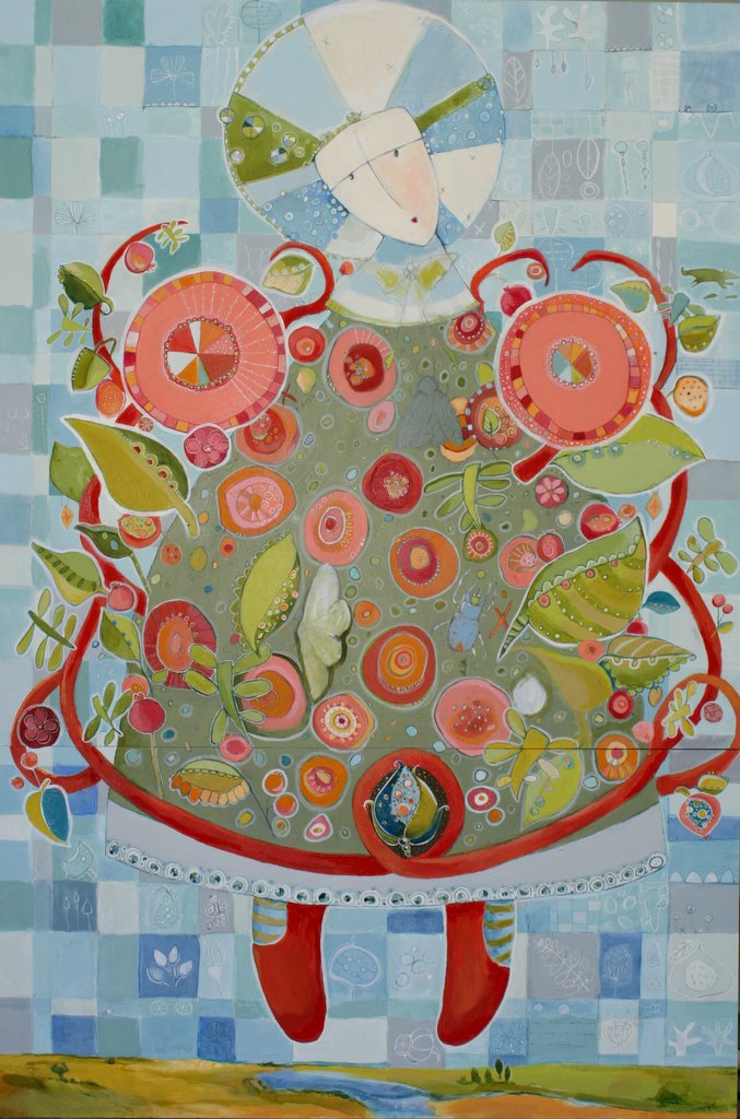 "The Meek" diptych - in progress, pre-embriodered beetles, moths and butterflies... 24" x 24" and 12" x 24" Acrylic, oil stick, gouache, ink, colored pencil on wood panel