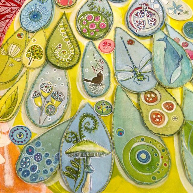 in process detail: " tail feathers" from the Green Peahen piece - the final piece before I hang the "Beasts" show