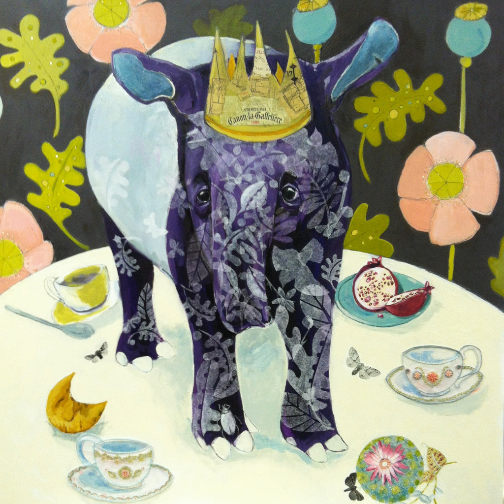 "Kerinci Tapir" 30" x 30" Acrylic, gouache, tissue paper, vintage papers, graphite and hand embroidery on tissue paper on wood panel. $1600.00