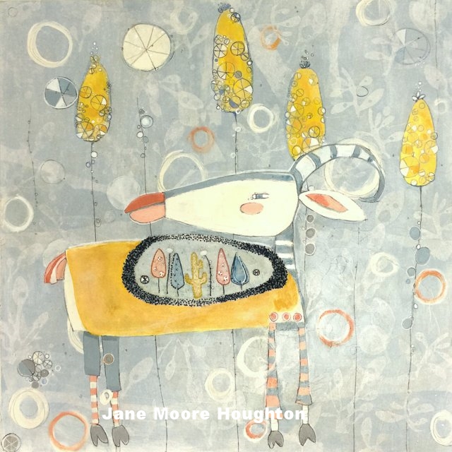 "Arapaho Goat" 24" x 24" Acrylic, gouache, ink, graphite, tissue paper and hand embroidery on tissue paper on wood panel