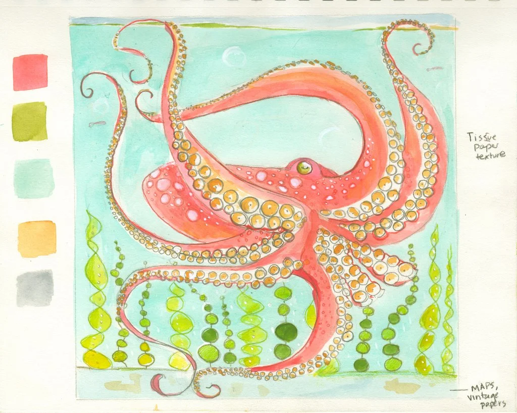 Working sketch for an exciting new commission! A large octopus to add to my menagerie! I can't wait to sink my teeth into this large (36" square) piece ! It will be a nice balance with the smaller gouache and Photoshop illustration project I am also doing right now.