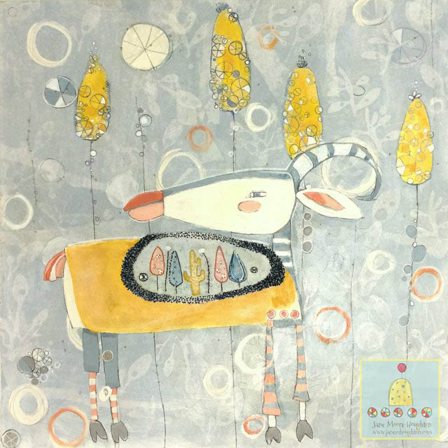 "Arapawa Goat" Beasts II series 24" square. Mixed media and hand embroidery on wood. 