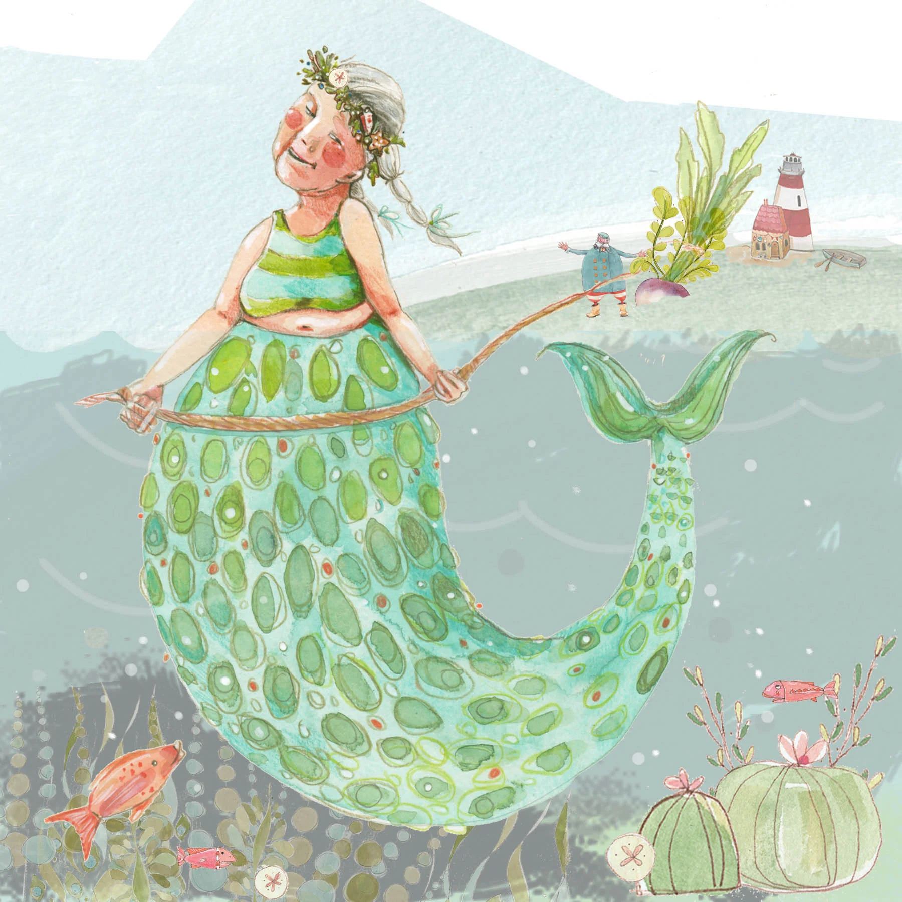 She has been challenging to portray. It's not too often you see a mermaid, never mind even a illustration of an aging woman who is endearing and full of personality. 