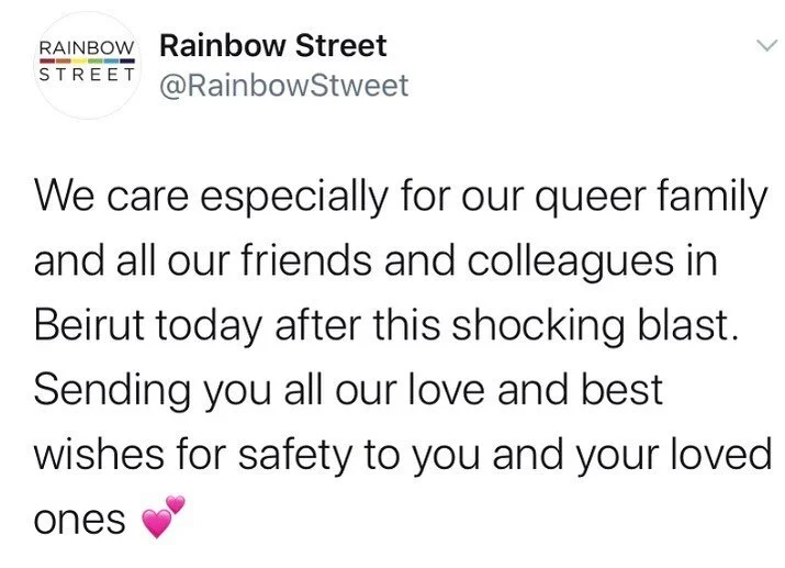 The footage of the blast in east Beirut today is very disturbing. We&rsquo;re checking in with our queer family in Lebanon and thankful to those who have confirmed they&rsquo;re safe. We love you Beirut ❤️