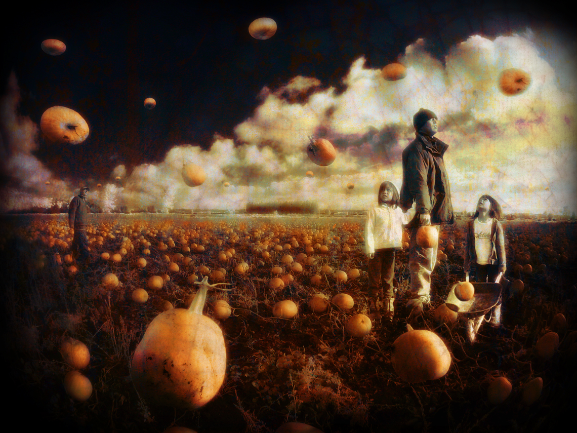 "The Great Pumpkin rises out of the pumpkin patch he finds to be the most sincere and flies thru the air to deliver toys to all the good little children of the world." -Linus Van Pelt Greetings all you Halloweeners! (or maybe you prefer - All-Hallowed Evers). It has taken weeks of patch-to-patch searching and many a long and muddy tramp through some of the most inhospitable of squash fields - but I finally have found a patch-in-a-million that exceeds most of my expectations! Now please understand, this was no random wander to a few supermarkets or vegetable stands, I have lead a thorough expedition (and might I say, and with all modesty, that scientific methods were used at all times - except lunch-time, as you might imagine) - but it was not all soft weather and glamour. There were definitely some fields I encountered during my quest that were not quite so inspiring - many of the patches were filled with pumpkins that would just lie there - I know! don't tell me, i'll tell you. Others fields were much more active - I stumbled upon one that, at first blush, was quite amazing - pumpkins were flying all over the place! These wonderful cucurbitas would launch themselves from the ground in beautiful parabolic arcs - unfortunately, the finale was typical for a ballistic flight path (and no less destructive!). I'm sad to report, I later found the farmer had stooped to hiring local high school students to surreptitiously toss the pumpkins around the field (agricultural internships, indeed!) and flight was not an innate characteristic of that particular cultivar... most disappointing. Still another field had them falling from the sky! It was really quite incredible! - the farmer told me something about cloud seeding (and I'd heard of that before so perhaps she was on to something...) There were two problems that I'm sure you've seen already - how do you go out and collect one without getting beaned and if one doesn't maintain a reasonable harvest, they will start to pile up something fierce! The farmer issued me an umbrella and sent me off.... (it's fine that I'm a relatively fast healer). And then my quest was over - this patch has sincerity written all over it! When I stand out among them and a particular pumpkin comes to the perfect ripeness, it would break from its vine and rise ever so slowly... it was really quite peaceful! (and the best part is when one's choice is made - there is no bending-over required! what could be better?). I talked to the farmer, Jason, and he spoke of infusing the seeds with a very rare element called Upsadaisium just prior to planting. Jason told me that after a while the upsadaisium diffuses out and the pumpkins gradually make their way back to terra firma (but I have to admit that I only saw them on the rise). He wouldn't tell me the source of this strange material and I couldn't seem to find it in the Periodic Chart of the Elements - but never fear, dear reader, trust me to get to the bottom of this mystery as well.... Dear friends, Happy Halloween! You now know not to be alarmed at floating Jack-O-Lanterns (if you can catch one - save the seeds!) - however, if you see flying ones, look for the nearest high schooler... 'nuff said. -M Image notes: Let me say that this really is a delightful pumpkin patch and the farmer really is named Jason. I chatted with him and he graciously allowed me to wander his fields and take many many photos of his beautiful pumpkins as I held them at arms length! As I was doing all this, I met this lovely threesome and they asked the inevitable questions... I tried to explain and then asked if they would like to be in the picture - "OK! - what do we do?" my reply: "Just look up!" and they did!