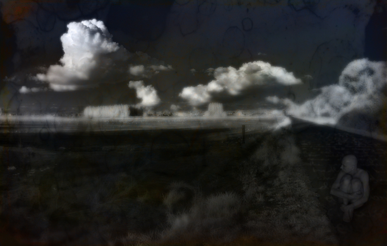 I sit in shadow, safe in the dark... and yet, always... the light beckons. I was thinking about the secrets I keep... dark secrets... and the sometimes optimistic urge for revelation. Image notes: This one sort of showed up unannounced - I was working on this fairly bright scene with white clouds and the road and as I worked it just got darker and darker - next I knew, I was taking naked images all wrapped in on myself and every time I thought I was done, i would tweak the darkness a bit more... still think there's not enough shadow...