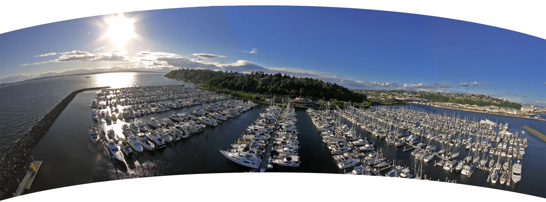 This distorted pano of Elliot Bay Marina is a combination of five exposures taken with my camera suspended overhead on a kite string. The marina is located at the foot of Magnolia Hill in Seattle.