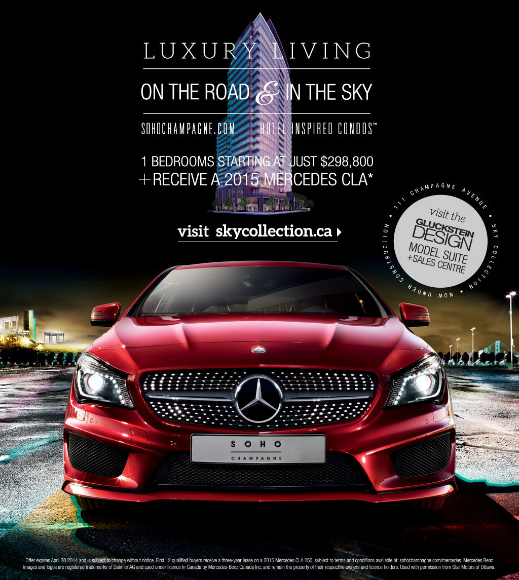 This is an Ad for SOHO, which targeted Millennials. Offering a free lease of a brand new Mercedes CLA with purchase of select units.