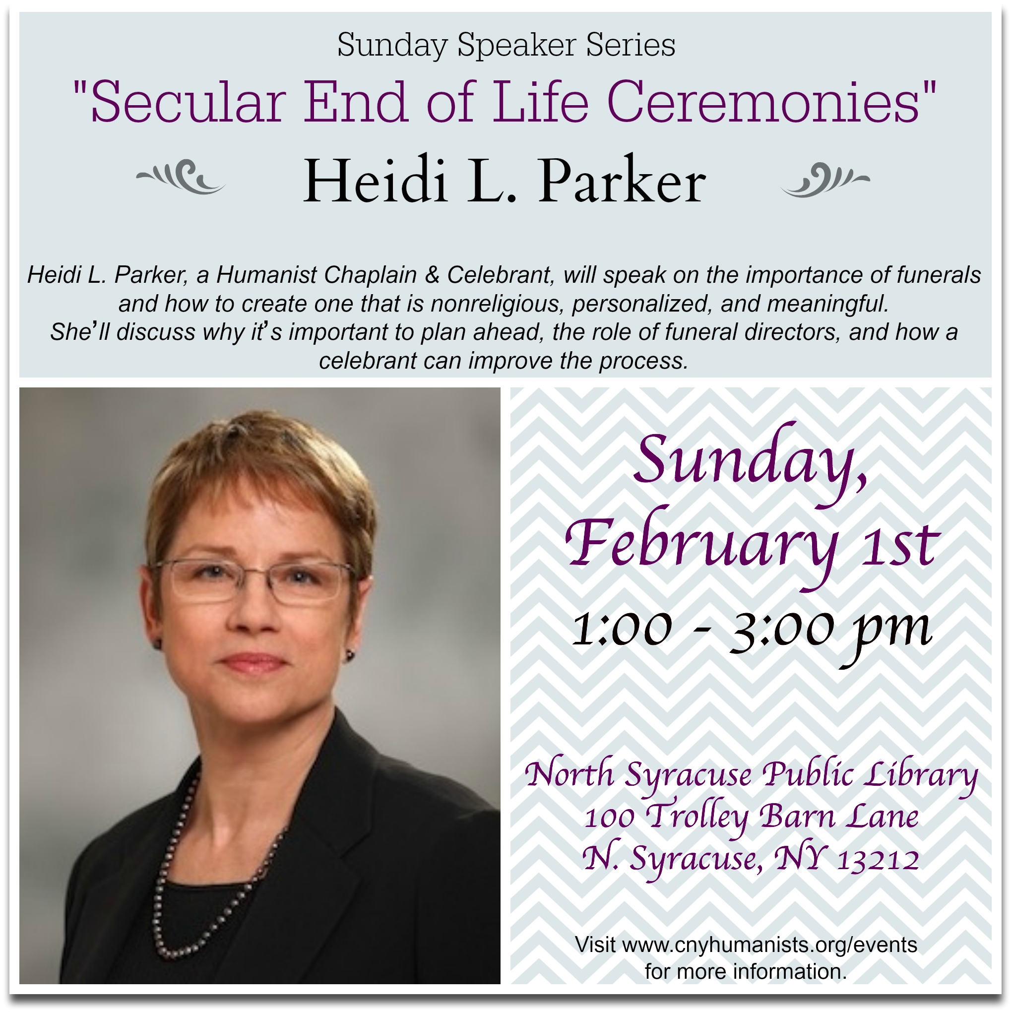Sunday Speaker Series - Heidi L. Parker: "Secular End of Life Ceremonies"