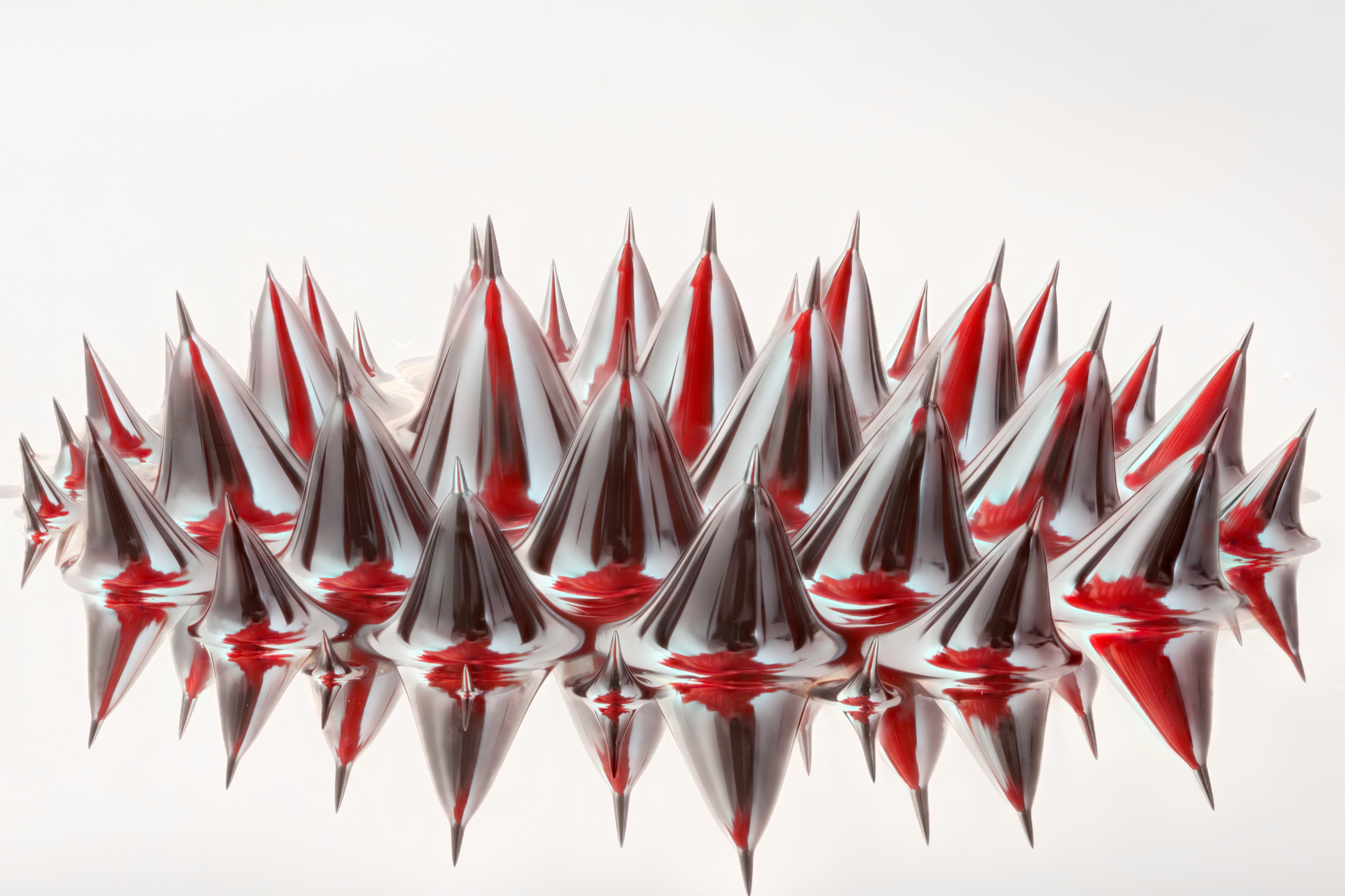 Ferrofluid pulled with magnetic field and showing reflection of hibiscus flower. Images using Stackshot and focus stacking