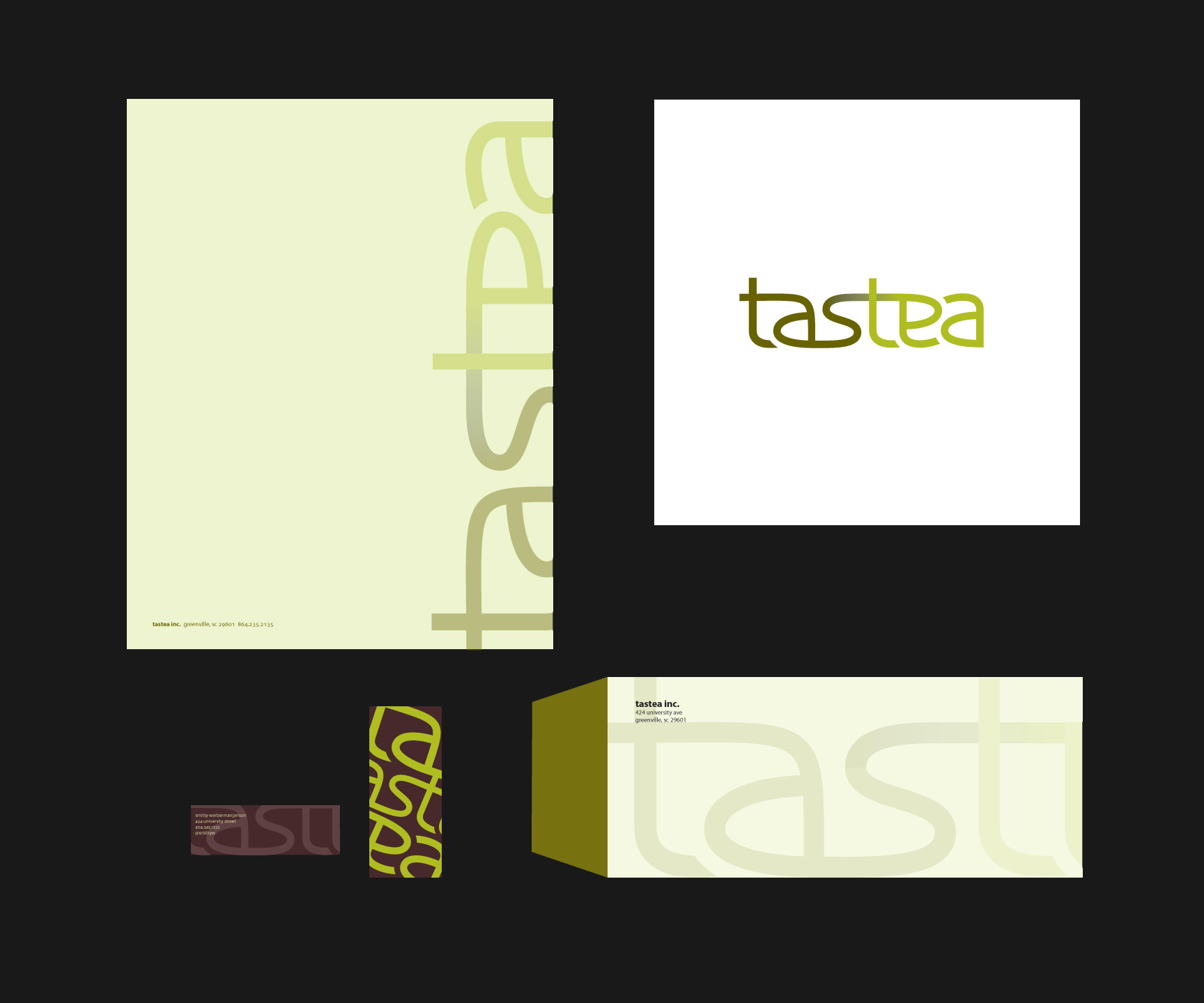  A full brand identity for an imagined tea business. Includes earthy tones and a contemporary custom sans serif logotype to attract a younger audience. (2012) 