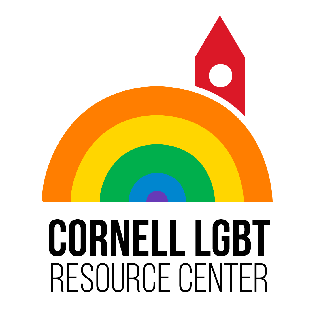  This logo currently used by Cornell's LGBT+ Resource Center was created to coincide well with the Women's Resource Logo, while being it's own identity. Friendly bright colors are welcoming, and the red Cornell clock tower ties the center to the univ