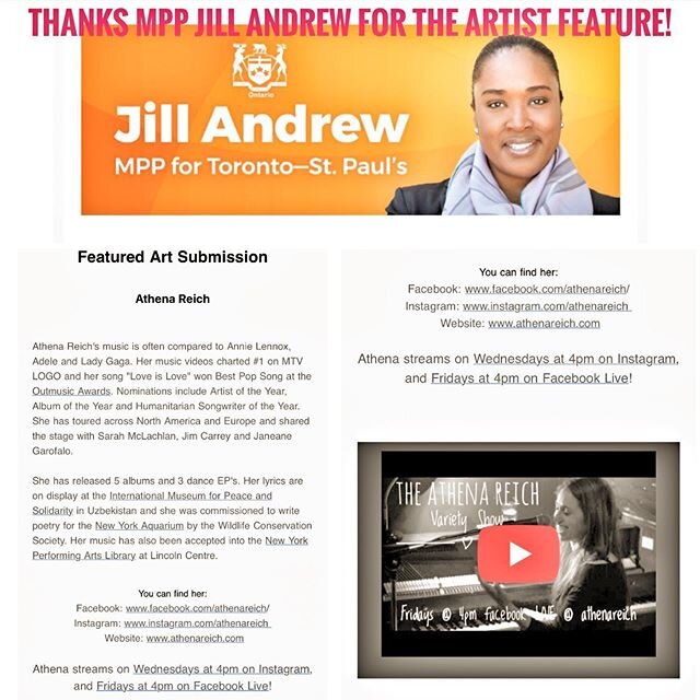 Thanks MPP Jill Andrew @jillslastword for the artist feature in today&rsquo;s newsletter m! (Did you see her recent parliament #blm and #indigenouslivesmatter  speech? Very powerful.) Live show this Wednesday on #instagramlivestream at 4pm with speci