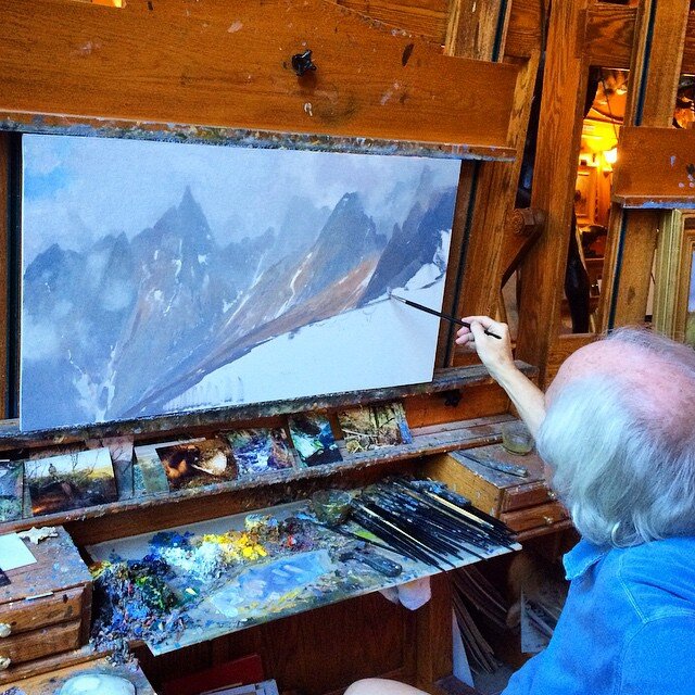 New work on Michael's easel, #mountains are his favorite. #michaelcolemanart #colemanart #colemanstudios #fineart