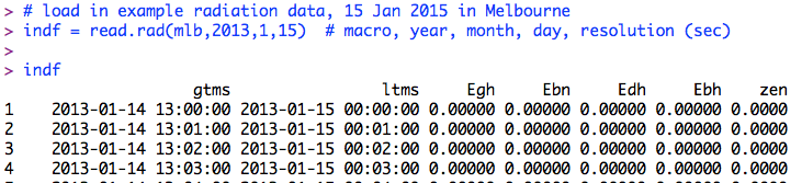 This example data is from the Bureau of Meteorology radiation site at the Melbourne airport, here you have 1-minute data with UTC ($gtms) and local daylight time ($ltms) timestamps. The remaining variables are described in the in the "Working with Data" R manual page.