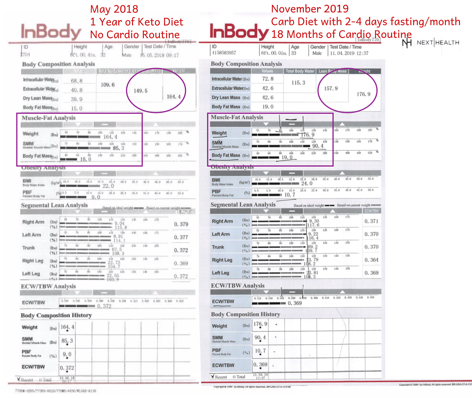  Both reports, with muscular, fat and skeletal mass highlighted. We can see solid gains in my lean mass of 8.4lbs (3.8kg). 
