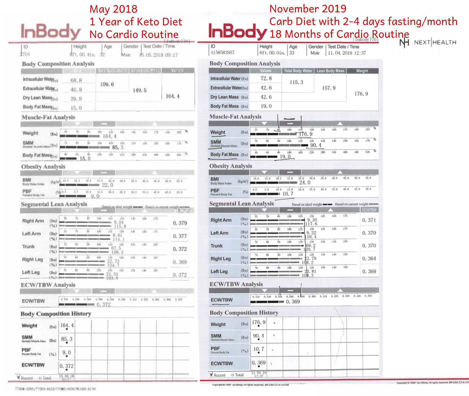  My May 2018 and November 2019 InBody reports side-by-side 