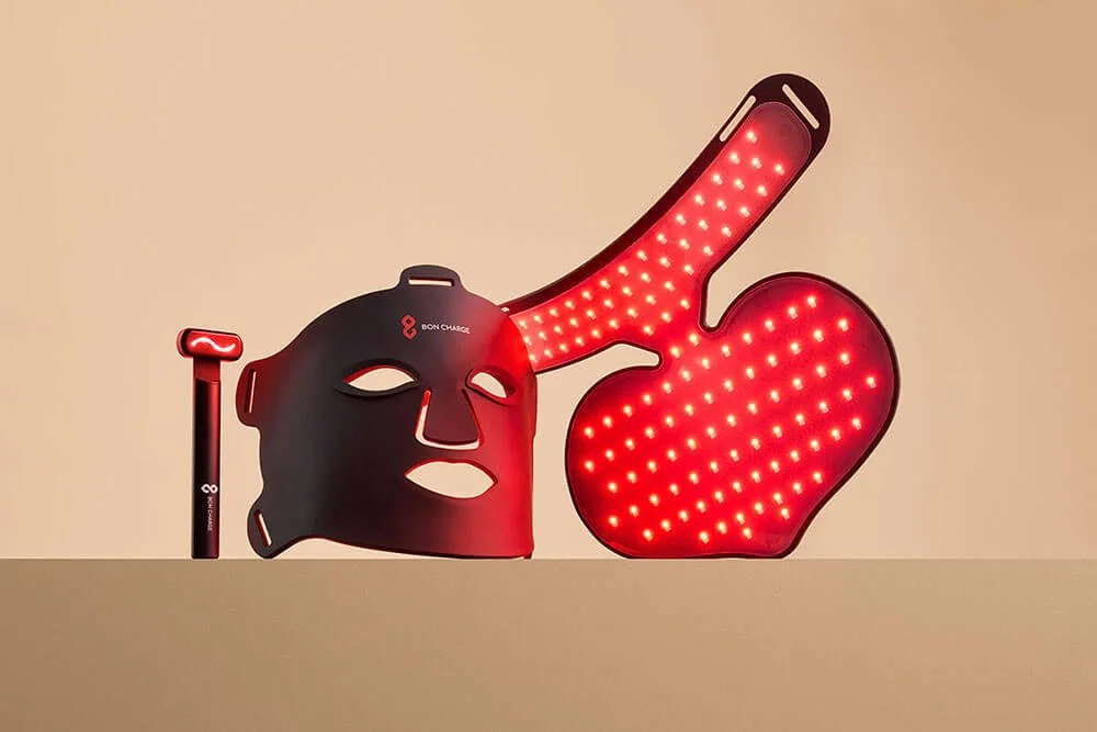 Best red light therapy mask for the face by Bon Charge showing the neck and wand red light therapy products