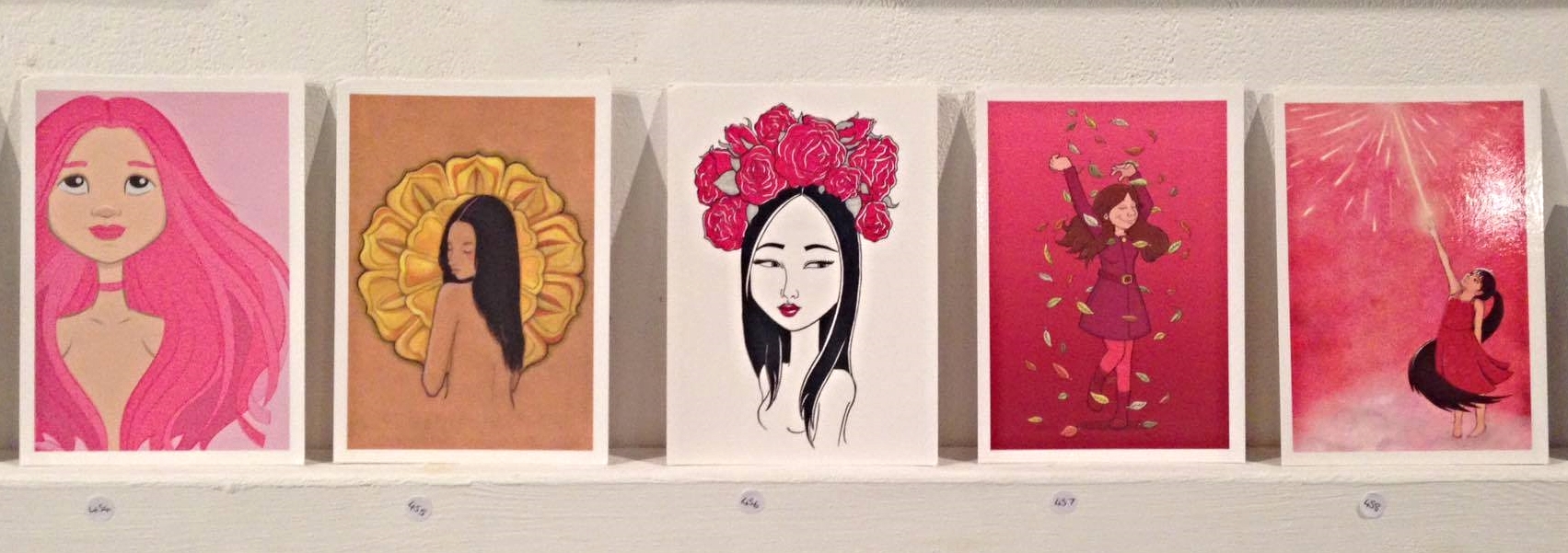 (Above from left to right: Pink Ribbons; Digital drawing. Beijing Flower; Pencil, ink and watercolour. Head of Roses; Ink drawing. Autumn Whirlwind; Digital drawing. Firework; Digital drawing.)