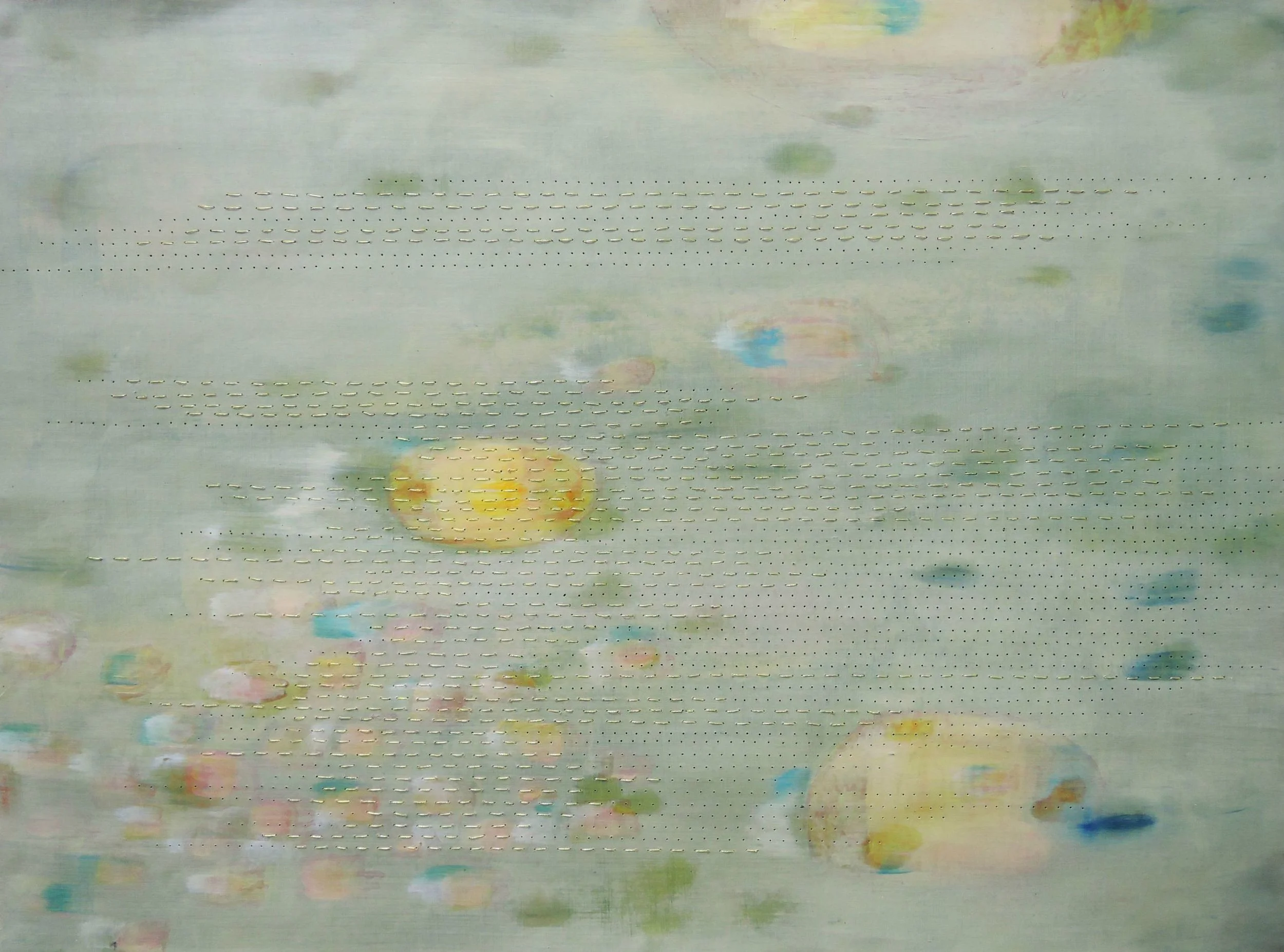 Ametrine Gold, oil, acrylic and thread on paper, 53.5 cm x 39 cm, 2015.