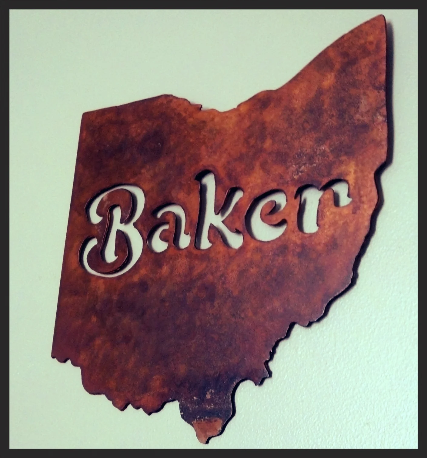We can create one of a kind wedding gifts for that special couple. For example, we made a 12" silhouette of Ohio with the last name of the newlywed couple in the center with a rustic finish. 
