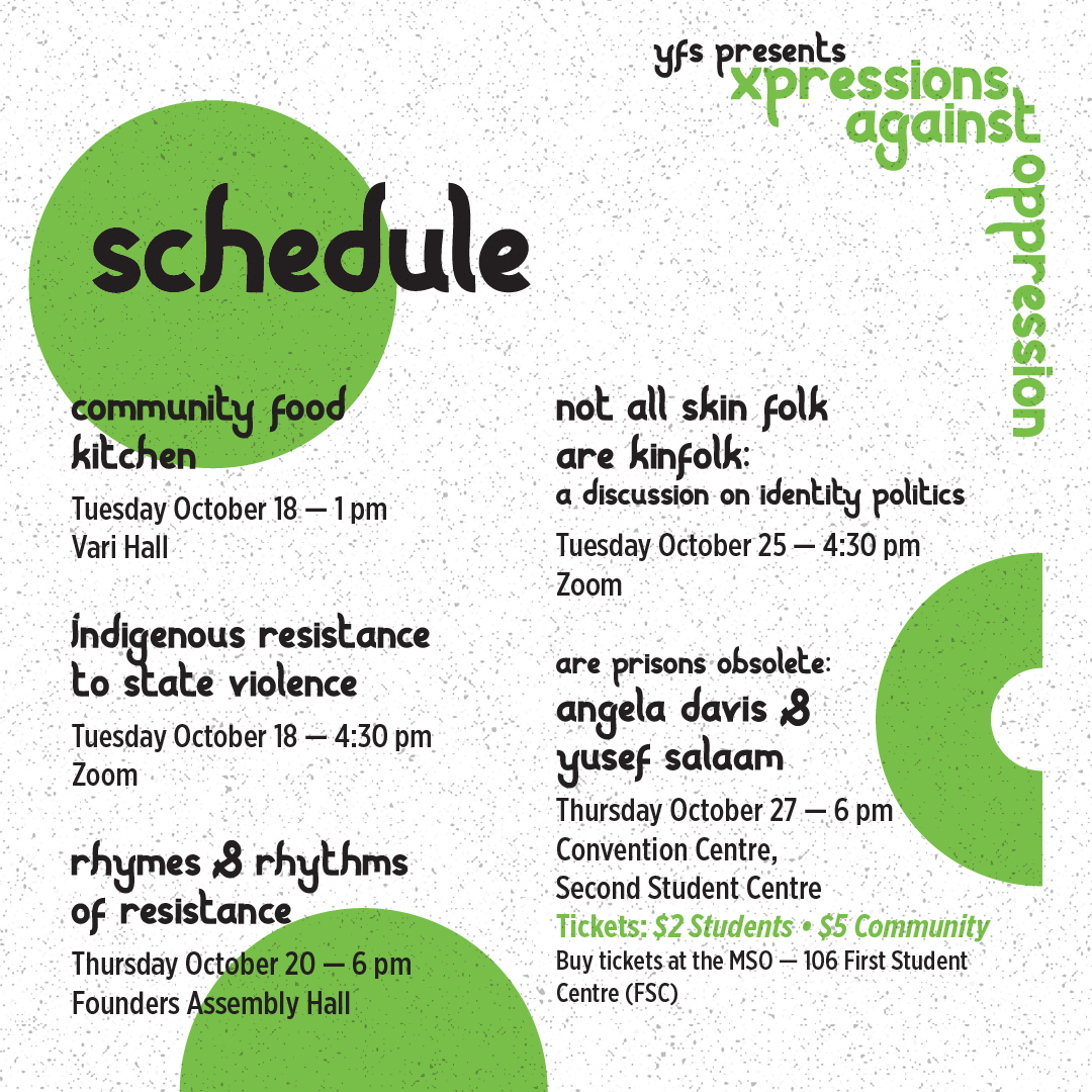  Xpressions Against Oppression schedule in green and black text on a white grainy background. 