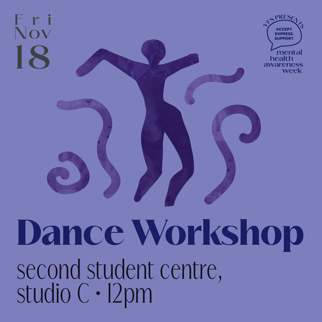  On a lavender colored background, “Fri Nov 18” is written in the top left corner. Below is “Dance Workshop, second student center, studio C, 12pm”. Above the words there are abstract images of a purple human body figure with squiggly lines around it