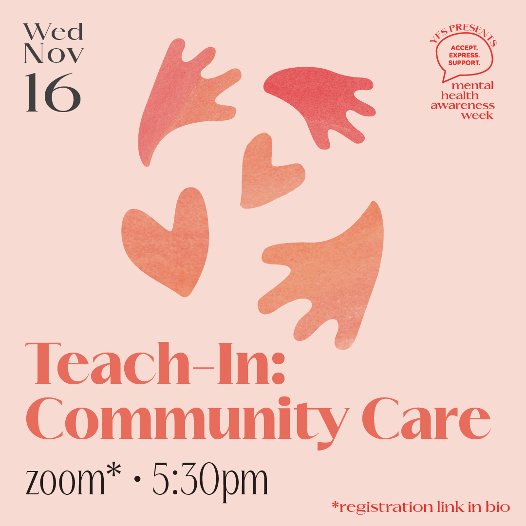  On a light peach background, “Wed Nov 16” is written in the top left corner. Below is “Teach-In Community Care, Zoom, 5:30pm” in large text. Below in right bottom corner corner “*registration link in the bio” Above the words there are abstract image