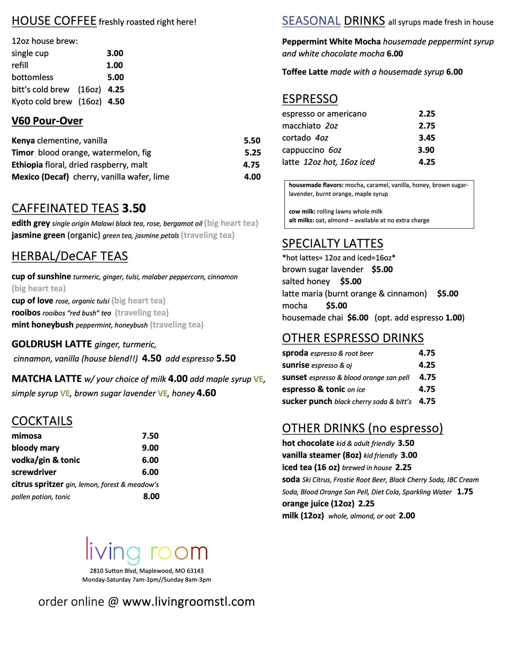 Menu — living room coffee & kitchen