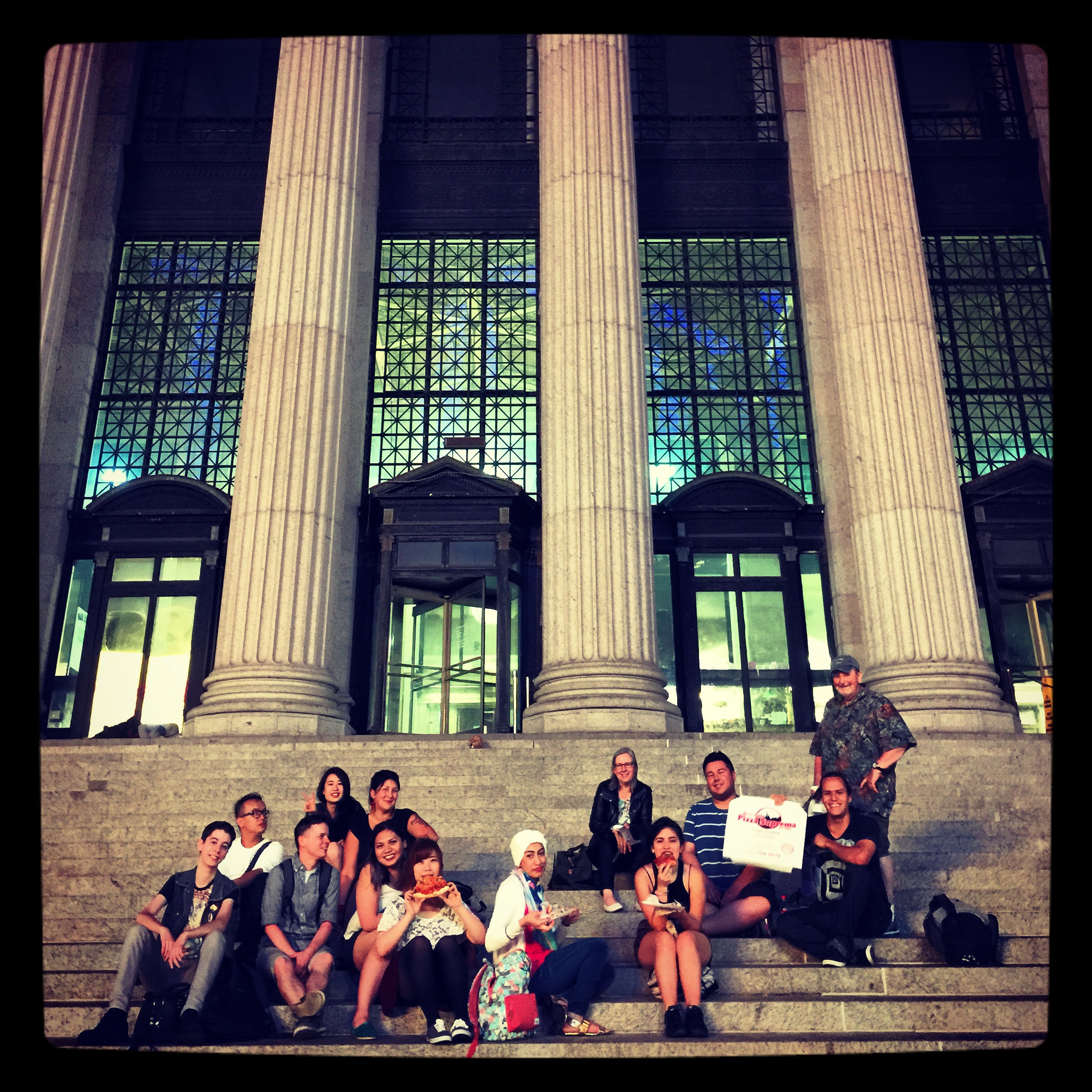 Midnight pizza on the steps of the NYC Post Office next to Madison Square Garden-- Zerlinda at the top of the group pyramid in the left of the photograph.