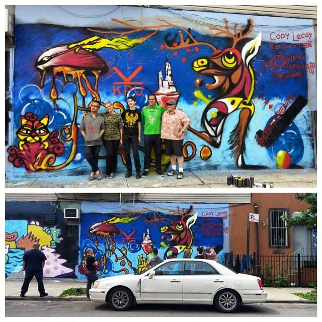 Larry (at far right in top photograph) participated in a painting a street art mural during Bushwick Open Studio weekend-- the students had arranged with the building owner to create the art work, and is located close to their hostel in Brooklyn.