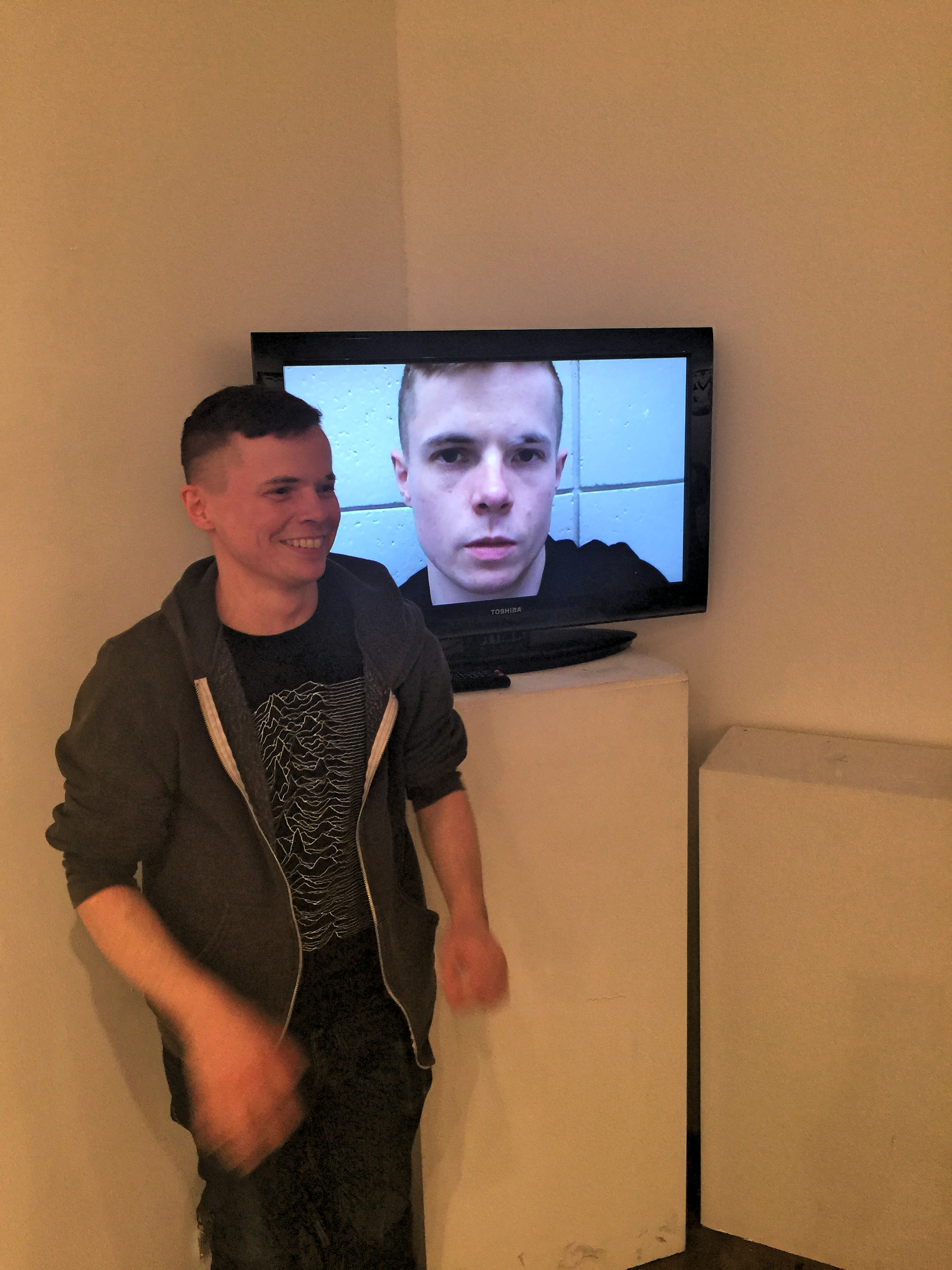 Eric with his response piece to Acconci in the "Talking Back" exhibition featured at KPU ahead of the trip to New York and Venice.