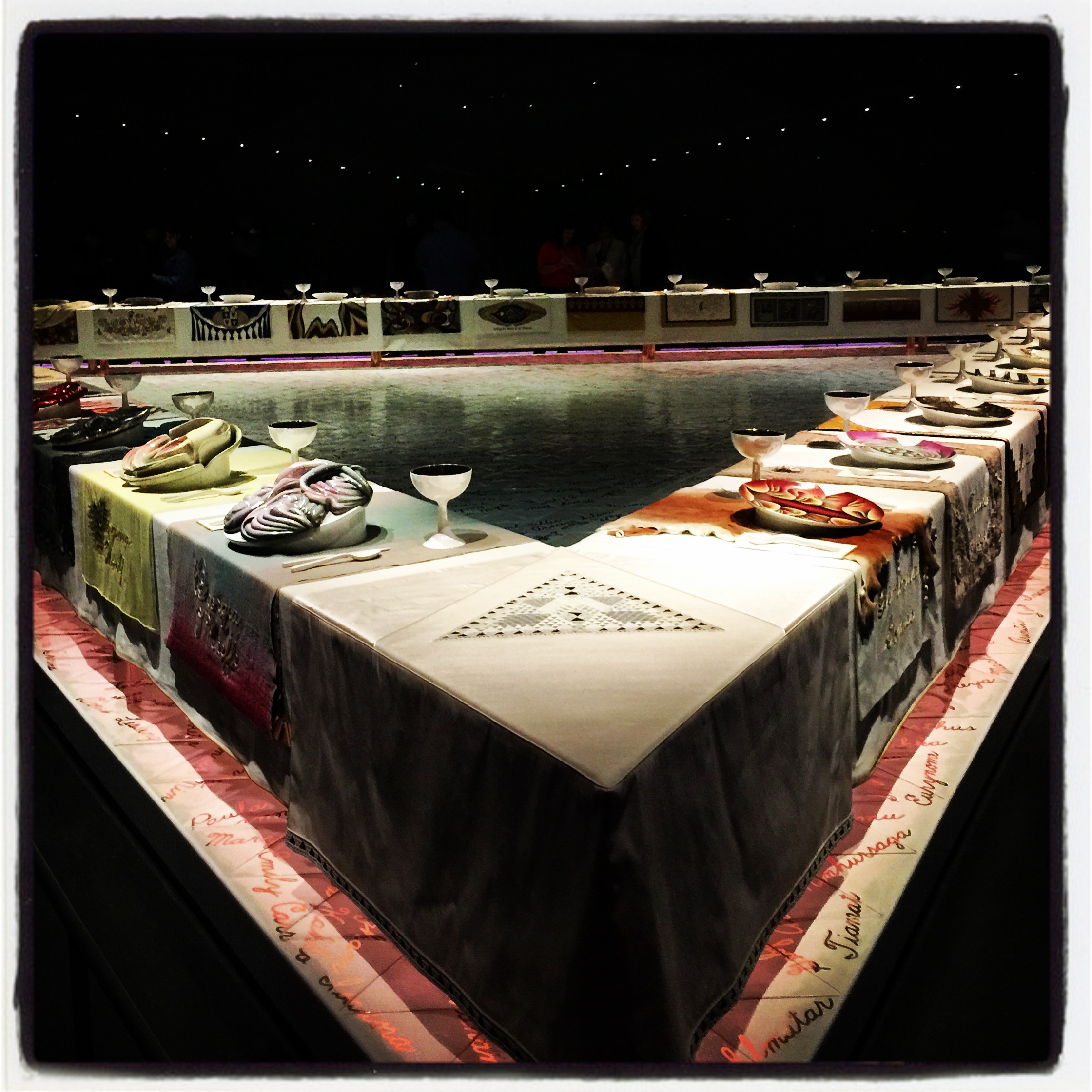 A shot of the beautifully installed Judy Chicago The Dinner Party captured the day of the visit.