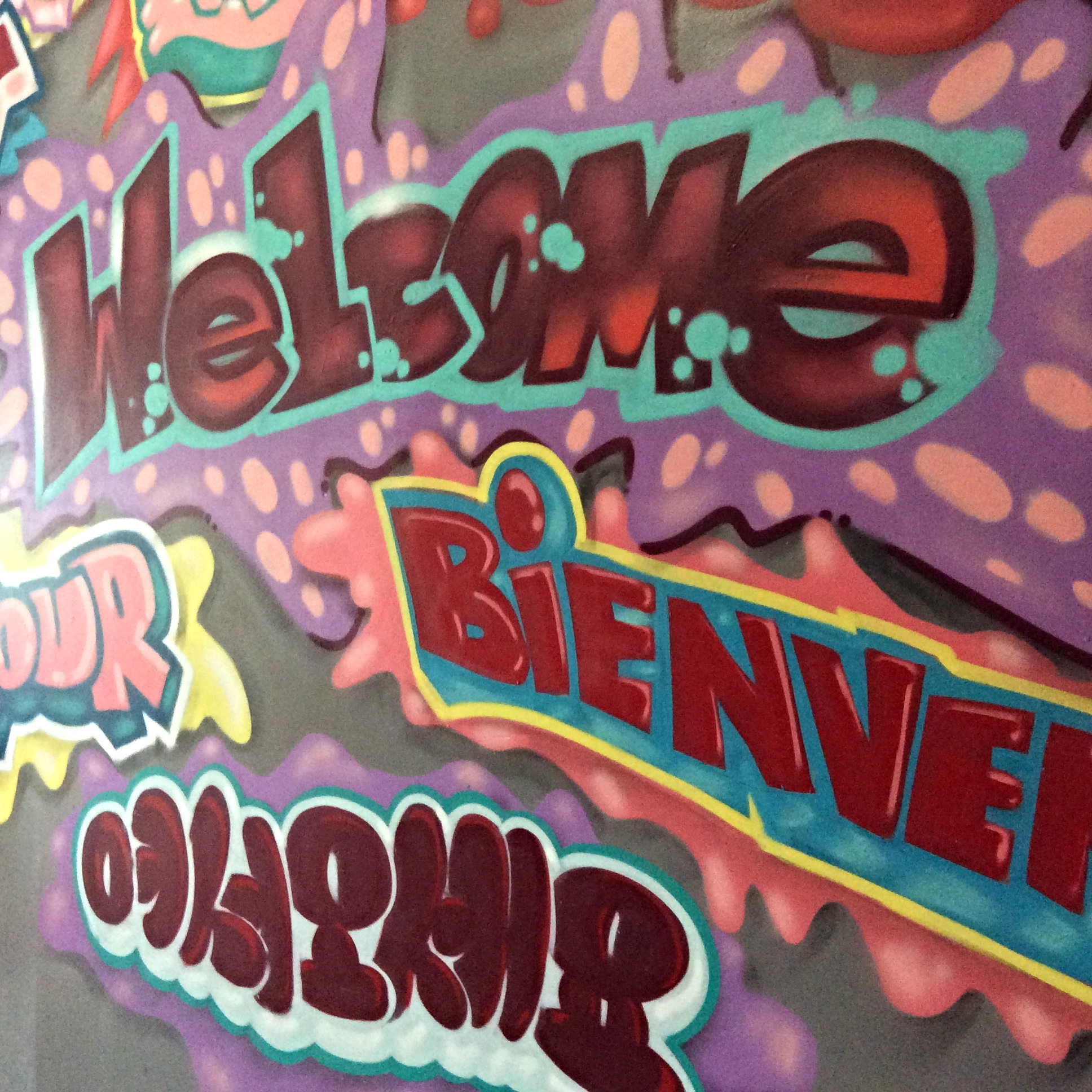 Graffiti and street art are in great abundance both at the hostel and in the immediate neighbourhood around the hostel. This image captures a multilingual welcome to New York.