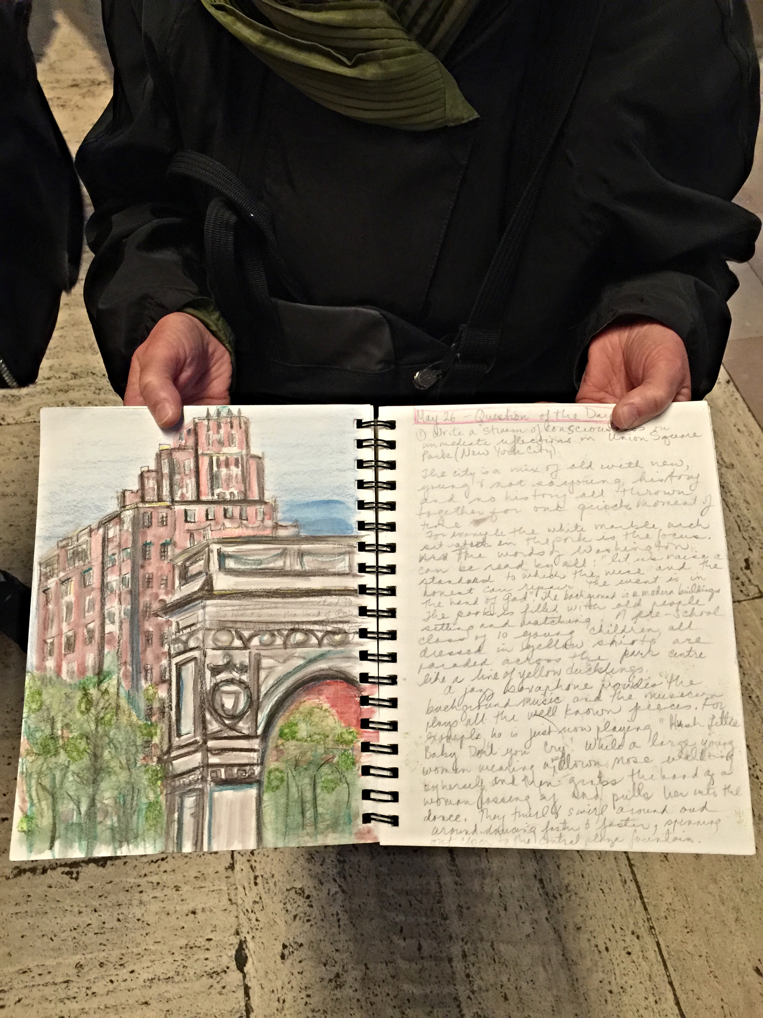 Margaret kept one of the most comprehensive and lovingly rendered journals on the trip-- here is a look inside a few of her pages with a sketch of Washington Square Park.