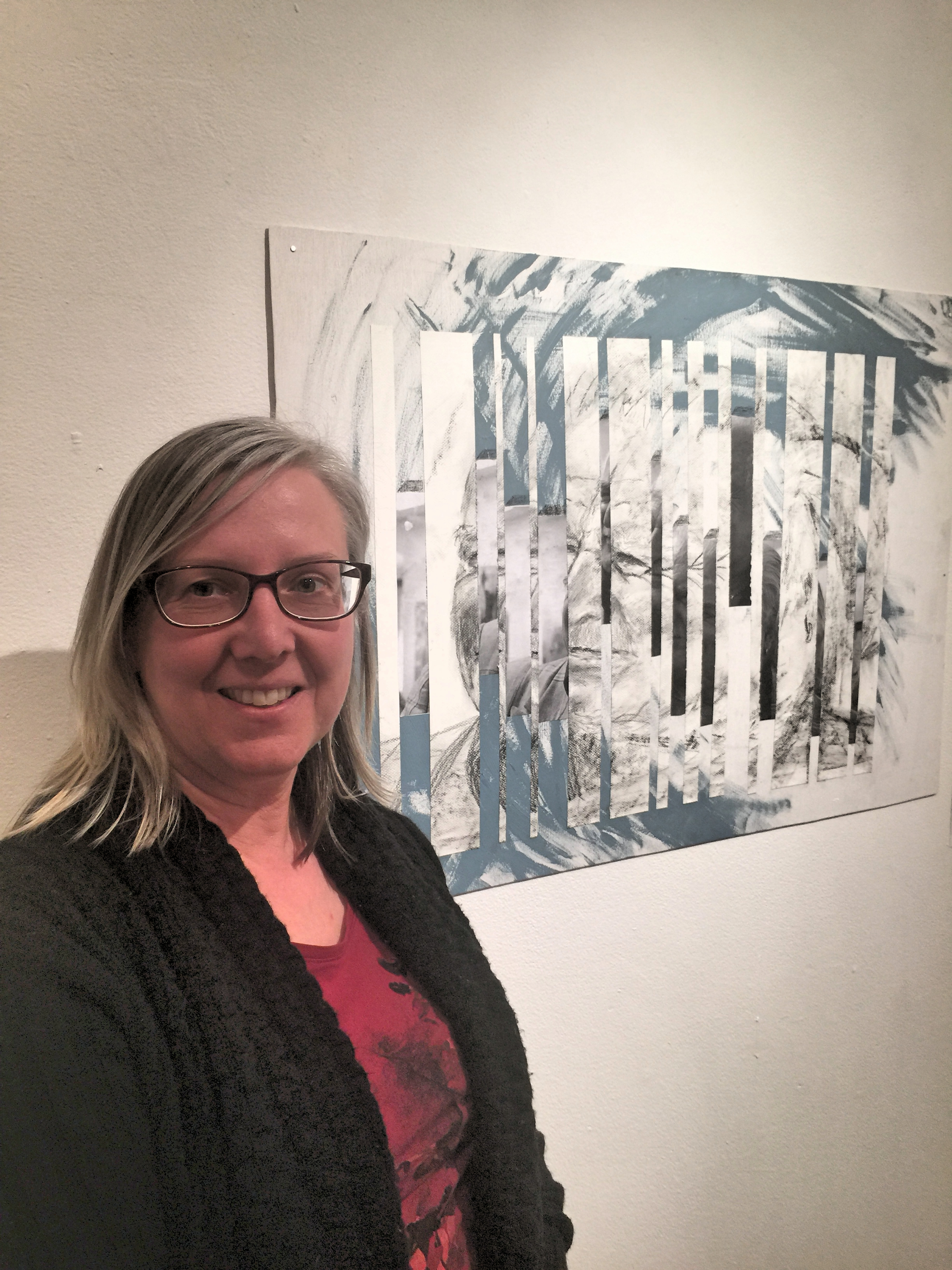 Angela with her response art work to Knizak at Kwantlen Polytechnic University, created prior to leaving for New York and Venice.
